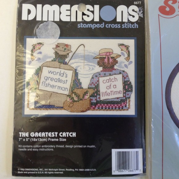 (2) Vintage Dimensions Cross Stitch The Greatest Catch Happiness is USA New - Picture 2 of 7